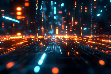 Futuristic Cityscape in Orange and Teal with Glowing Structures and Bokeh Effects