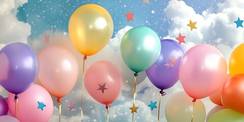 Pastel balloons floating in a cloudy sky