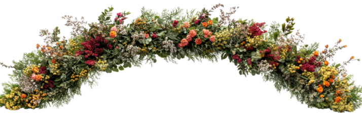 A colorful floral arch made of various flowers and green foliage arranged in a curved shape. Png, Transparent background.