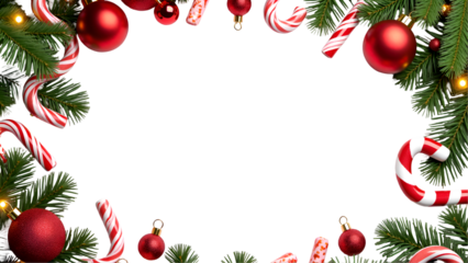 Festive Christmas Frame with Red Ornaments and Evergreen Branches  – Ideal for Holiday Cards, Banners, and Seasonal Social Media Posts.