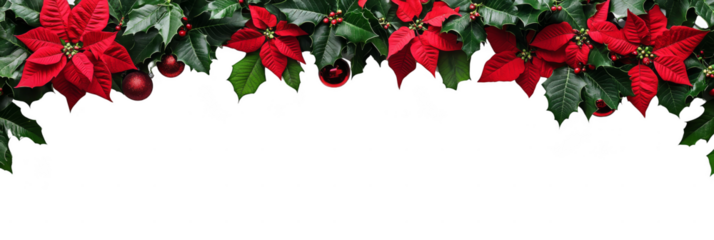 Festive garland with red poinsettias, holly leaves, and ornaments on a black background, perfect for holiday decoration. Png, Transparent background.