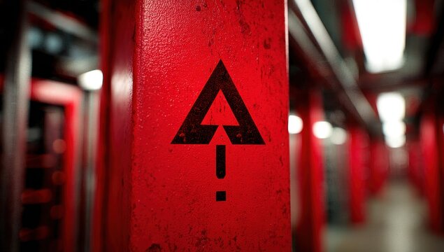 Red support beam with a warning symbol in a server room - Powered by Adobe