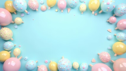 Flat lay decoration party concept pastel blue border top view