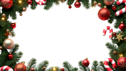 Festive Christmas Frame with Red Ornaments and Evergreen Branches  – Ideal for Holiday Cards, Banners, and Seasonal Social Media Posts.