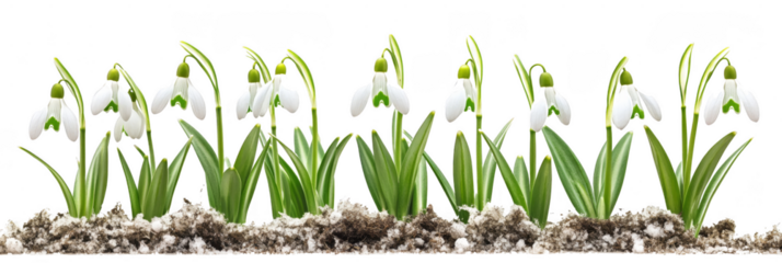 Row of blooming snowdrop flowers with slender green leaves growing from the soil. Png, Transparent background.