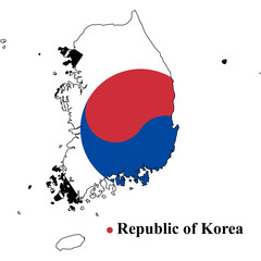 South korea map outline in white with the taegeuk symbol overlayed on a black background