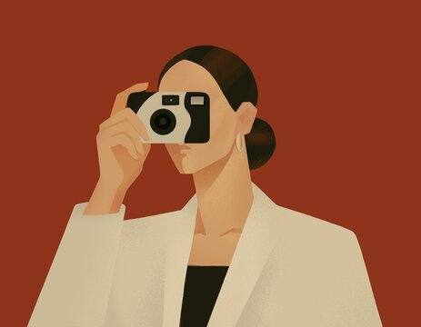 Woman with Disposable Camera on Red Background