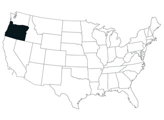 Fototapeta premium Map of Oregon State in United States country on white background. Single State map highlighted by black colour on United States of America map. UNITED STATES, US
