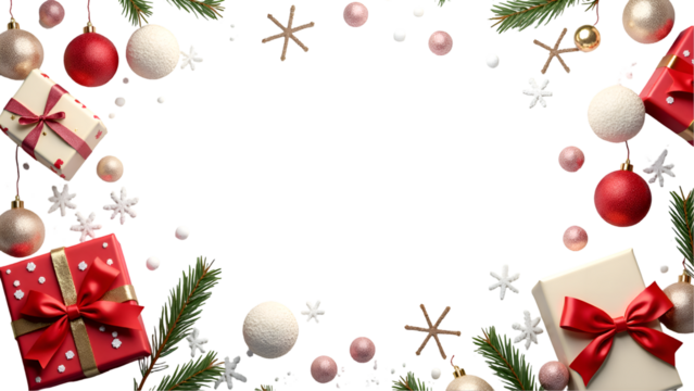Festive Christmas Frame with Red Ornaments and Evergreen Branches  – Ideal for Holiday Cards, Banners, and Seasonal Social Media Posts.