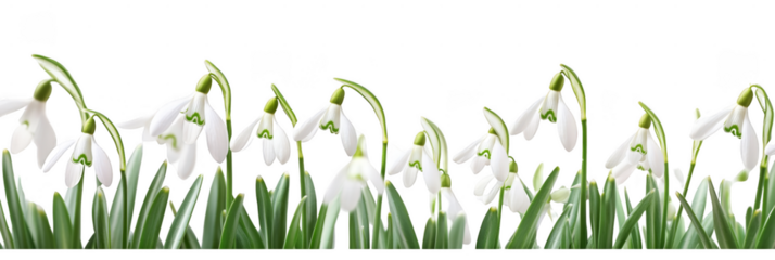Delicate white snowdrop flowers with slender green stems and leaves in full bloom. Png, Transparent background.