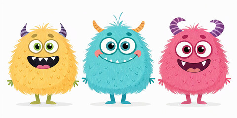 PNG Colorful fluffy cartoon monsters, element set on transparent background