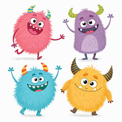 PNG Colorful fluffy cartoon monsters, element set on transparent background