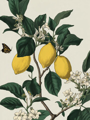 lemon with Summer flowers and butterflies, white background, hand drawn style, vintage 