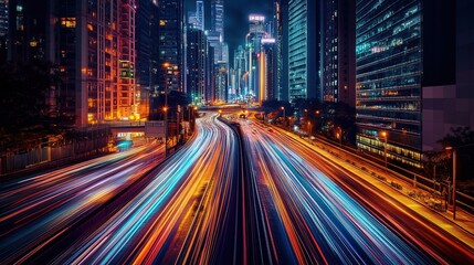 Fototapeta premium Aerial Night Cityscape with Blurred Light Trails – Urban Traffic Streaks and Illuminated Skyscrapers Against Dark Blue Sky, 32k resolution
