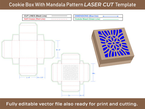 Cookie Box Dieline Template With Mandala Pattern lasercut template