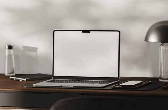 Home workplace with blank laptop display, 3d render