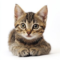 Obraz premium Adorable curious kitten with alert eyes and soft striped fur resting on a white background, showcasing playful and cute feline behavior and charming pet traits