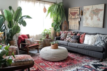  layered textiles, and globally inspired decor accents. Integrate lush plants, string lights, 