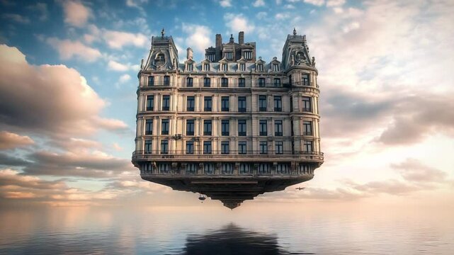Surreal Architecture: Levitating Building Above Calm Waters with Dreamlike Sky Backdrop