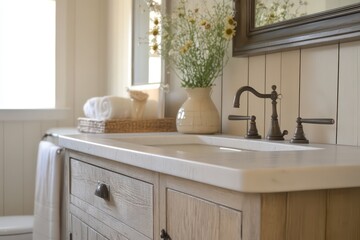 A farmhouse bathroom featuring distressed wood cabinetry, 
