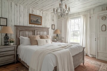 vintage decor accents. Utilize a warm color palette, cozy textiles, and antique accessories. Incorporate a large bed, classic lighting fixtures,