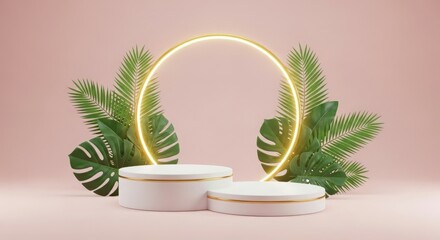 A minimalistic display featuring white pedestals, tropical leaves, and a glowing circular frame.