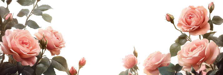 Elegant pink roses and green leaves frame a black background, creating a beautiful floral border. Png, Transparent background.