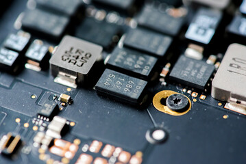 Abstract, Close up at electronic circuits, we see the technology of the mainboard, which is the...