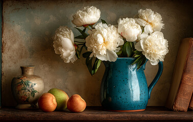 White Peonies in a Teal Pitcher Still Life Photography © pimpakarn