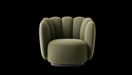 Olive green, rounded, upholstered armchair with scallop-like detailing