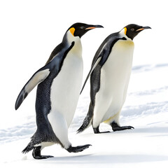 Fototapeta premium Two emperor penguins walking side by side, full body view.