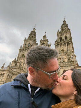 Couple Kissing at Santiago de Compostela Cathedral

