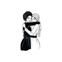 Vector Illustration of Two Muslim Women in Hijabs Embracing, Symbolizing Sisterhood and Unity - Muslim Women Hugging Outline - Hijab - Vector - girl in a black dress