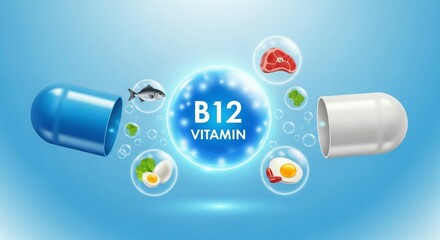 Illustration of Vitamin B12 with capsules, food sources, and bubbles.