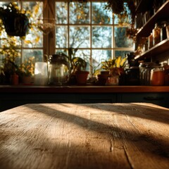 Naklejka premium Sunlight streams through a window onto a rustic wooden kitchen table, plants and jars on shelves visible in the background