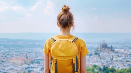 Fototapeta premium Young Woman with Yellow Backpack Overlooking Cityscape from Hilltop