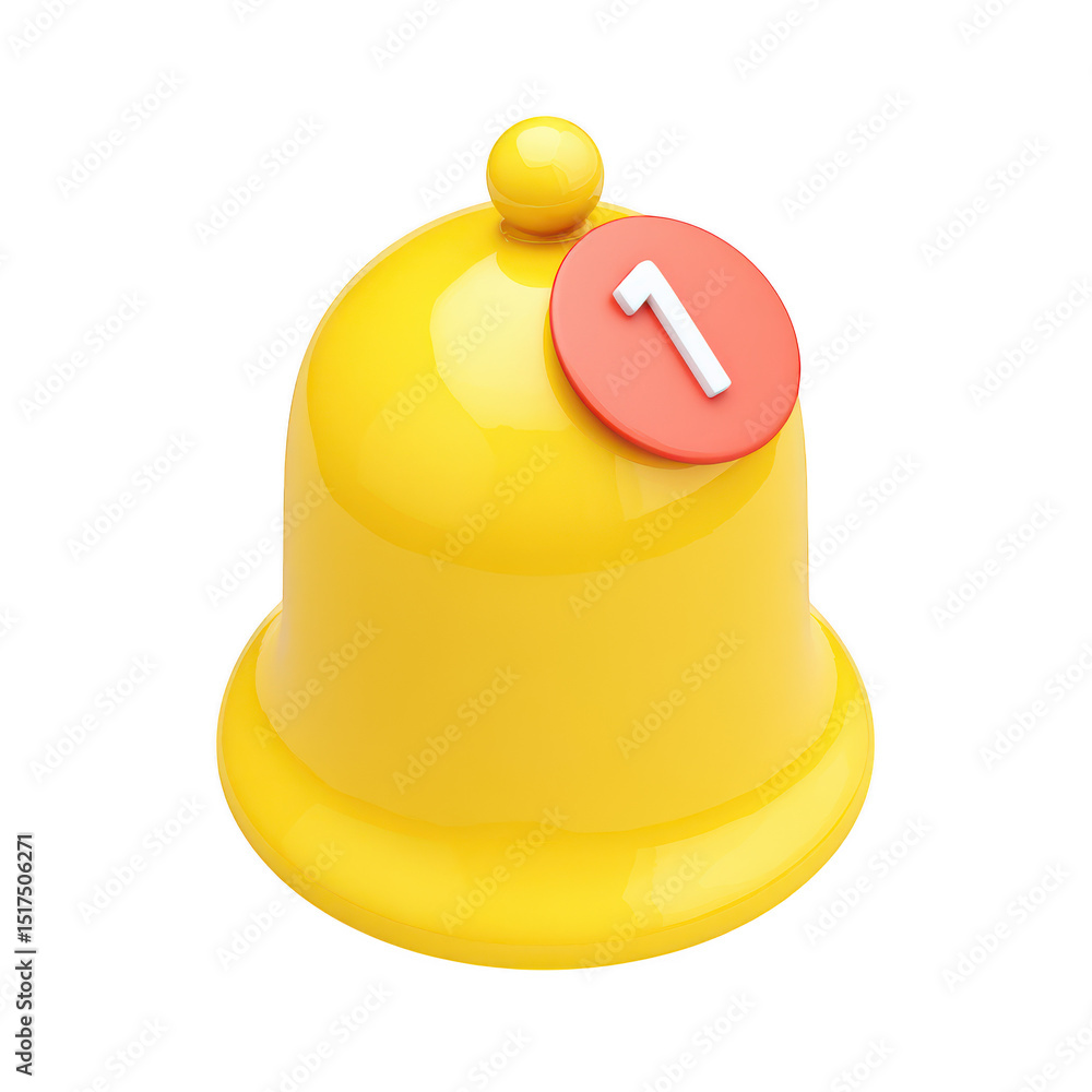 Poster 3d yellow notification bell with number one isolated on transparent background