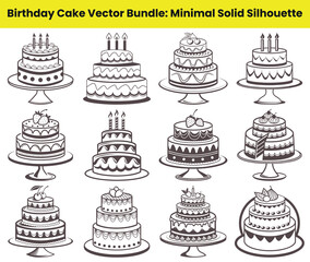 Assorted Tiered Cakes Line Art with Toppings on Stand, Brown Outline Silhouette