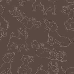 Seamless pattern of cute cartoon dogs on a brown background. Fun and playful design ideal for children’s products, textiles, wrapping paper, and digital projects.