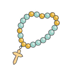 Illustrated Catholic rosary with alternating blue and yellow beads and a cross