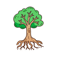 Cartoon Tree with Green Leaves and Roots on a Black Background