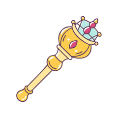 Cartoon image of a golden scepter with gemstones on a white background