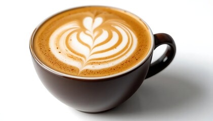 cup of cappuccino on black cup. Isolated on white. 45 degree set up