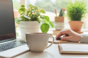 Creating a productive atmosphere a cozy home office experience with plants and a warm drink