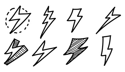 Set of Hand drawn electric lightning. Doodle thunderbolt and thunderstorm. isolated on white background. vector illustration