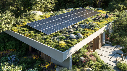 Modern House with Solar Panels and Green Roof Surrounded by Lush Garden