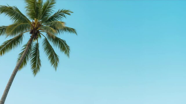 Single palm tree with coconuts against turquoise blue sky background with copy space. Minimalist tropical design and vacation concept