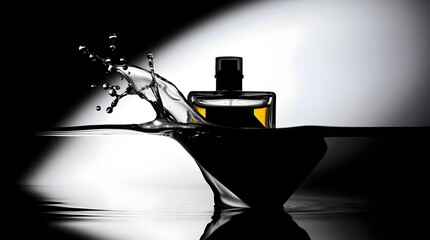 Perfume bottle splashing in water with frozen motion and clear reflections, high contrast and clean look