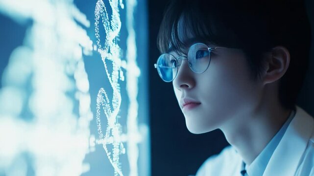 Young scientist intently examines intricate DNA sequencing on screen display technology - Powered by Adobe