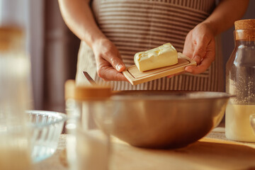 A person wearing an apron holds a pat of butter on a small wooden board over a mixing bowl.